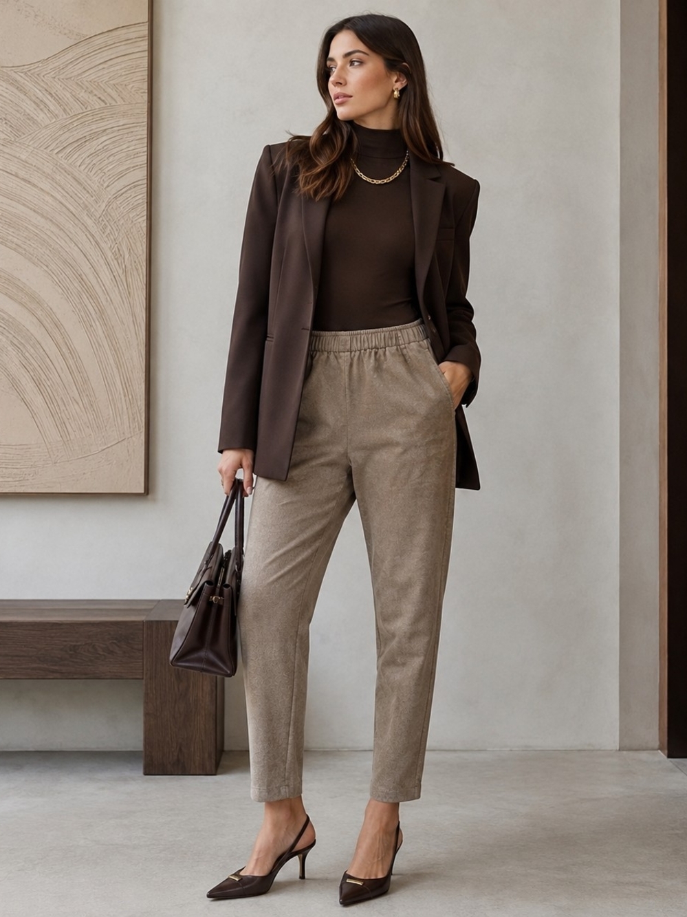 Lafayette 148 Wool Cashmere Side Stripe Pull-On Pants Camel M
